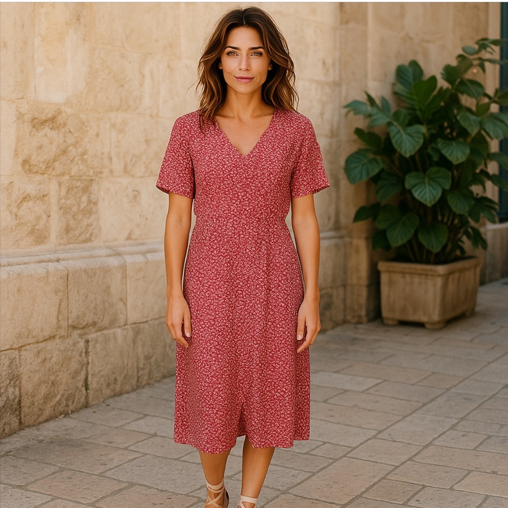 Misslook cute lightweight red dress w/tiny flowers